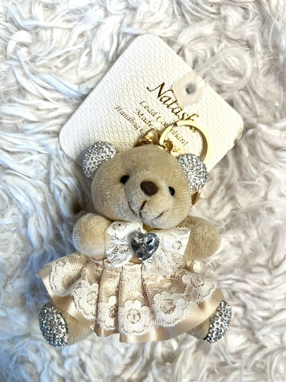 🐻NATASHA plush beige bear WITH lace dress with rhinestone accents.🐻NWT